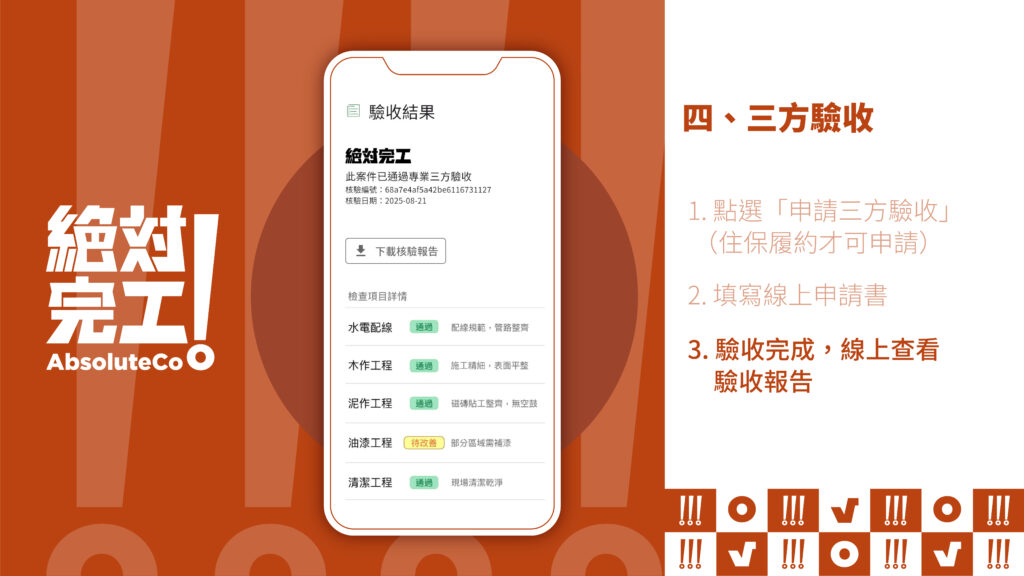 絕對完工「住保履約」四、三方驗收：3. 驗收完成，線上看報告2